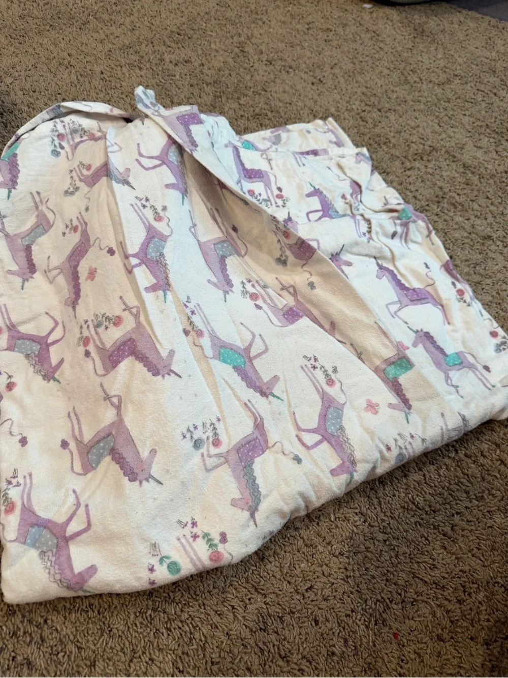 Pottery Barn Kids Full Size Organic Cotto. Purple Unicorn Flannel Sheet set